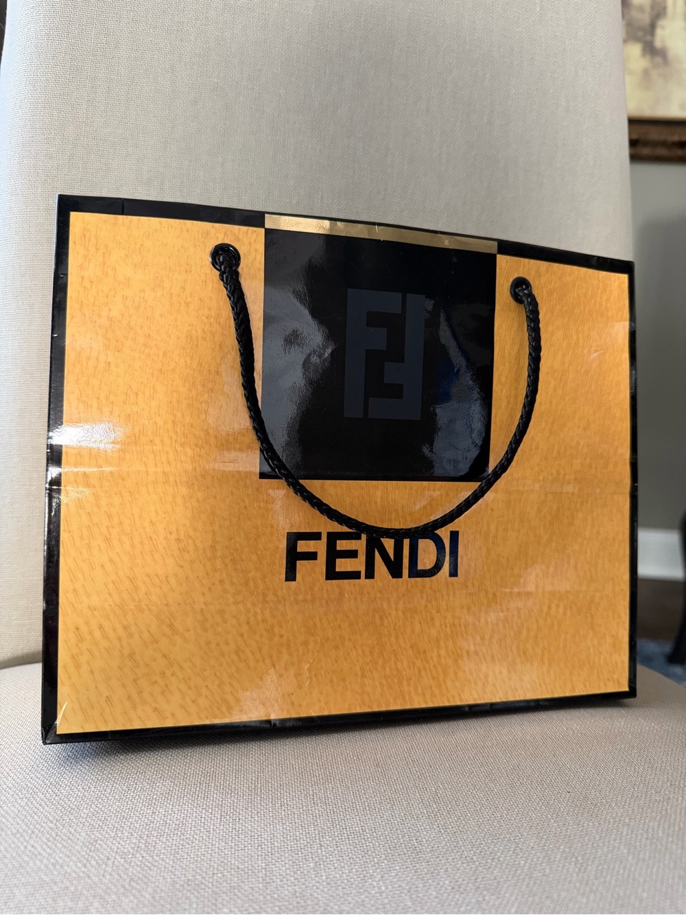 Fendi Small medium Yellow Shopping paper Bag with Black Handles